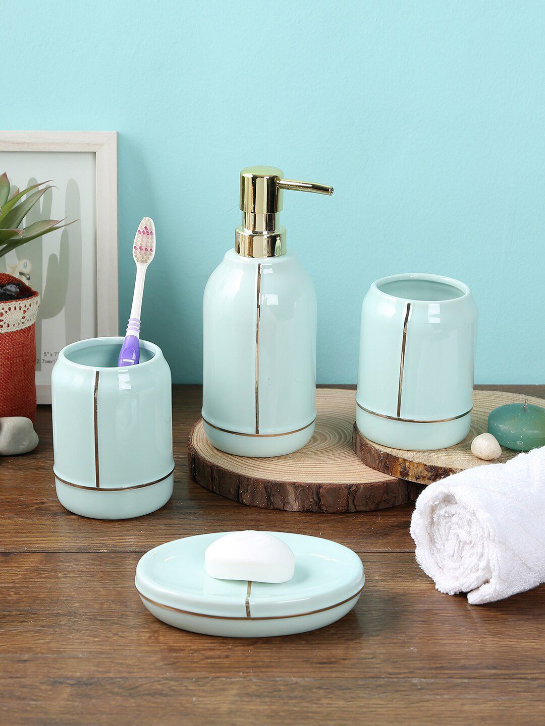 House Of Accessories Set Of 4 Sea Green Solid Bathroom Accessories Set Price in India