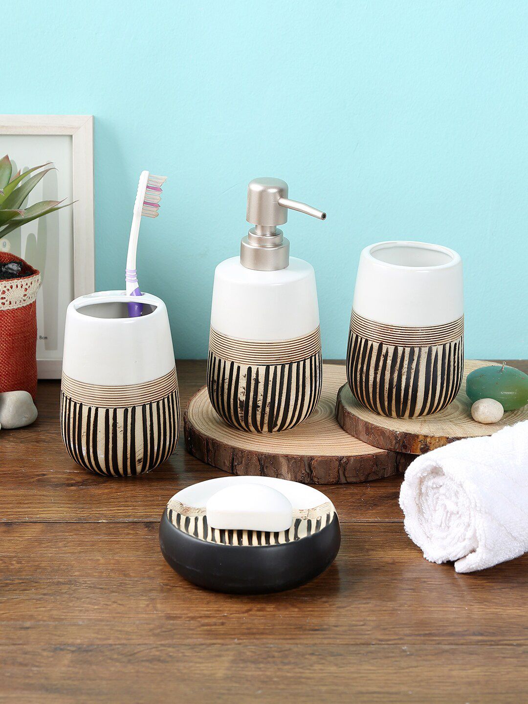 House Of Accessories Set Of 4 White & Brown Striped Ceramic Bathroom Accessories Price in India