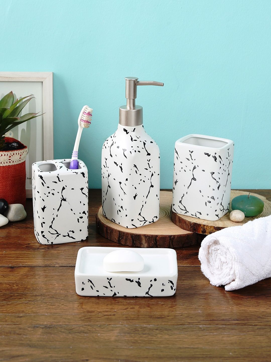 House Of Accessories Set of 4 White & Black Abstract Print Ceramic Bathroom Accessories Price in India