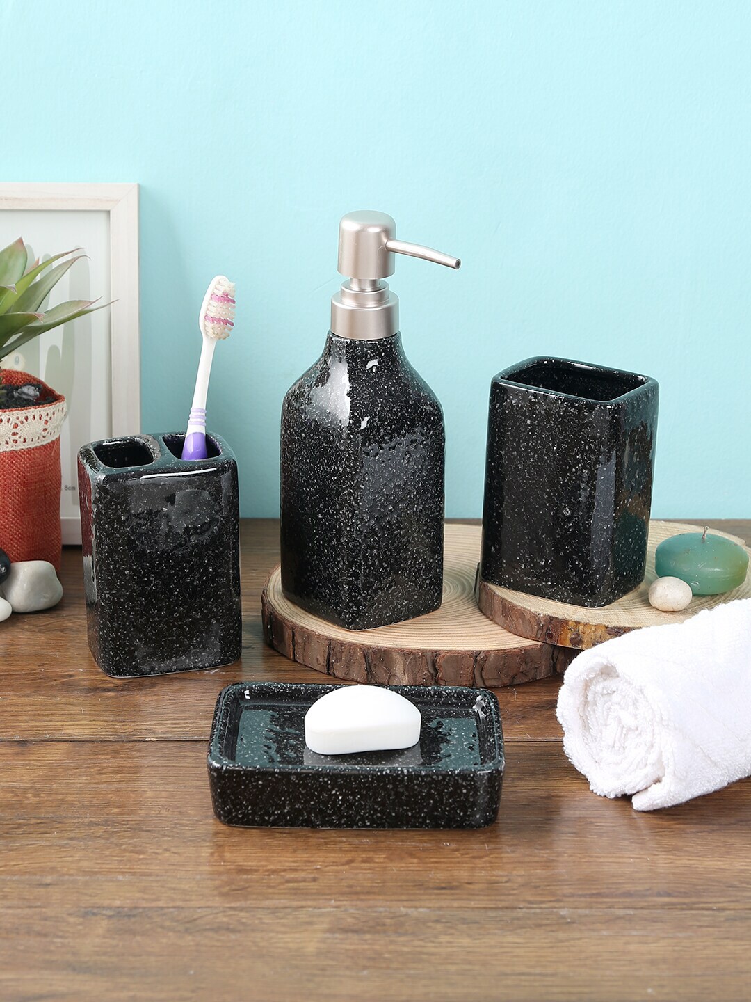 House Of Accessories Set of 4 Black Textured Ceramic Bathroom Accessories Price in India