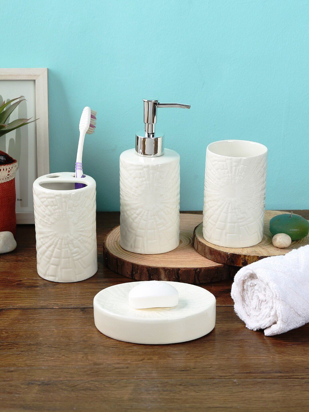 House Of Accessories Set of 4 White Textured Ceramic Bathroom Accessories Price in India