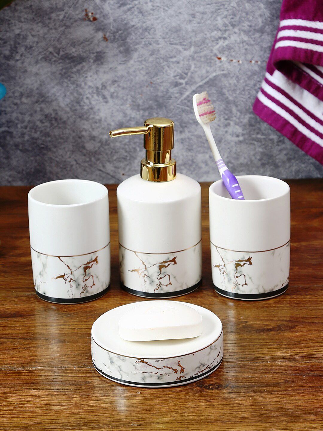 House Of Accessories Set of 4 White Marble Design Ceramic Bathroom Accessories Price in India