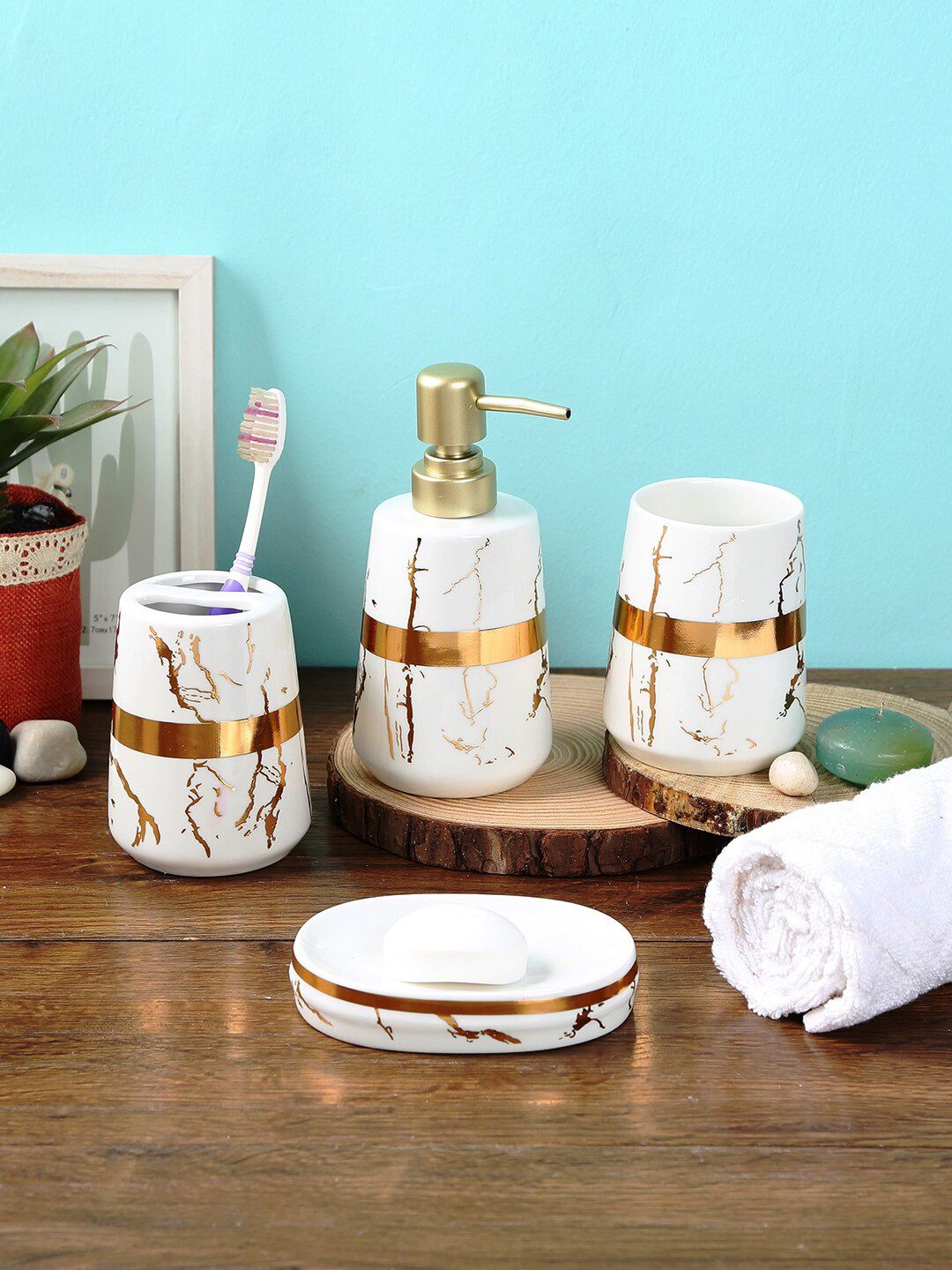 House Of Accessories Set of 4 White & Golden Abstract Print Ceramic Bathroom Accessories Price in India