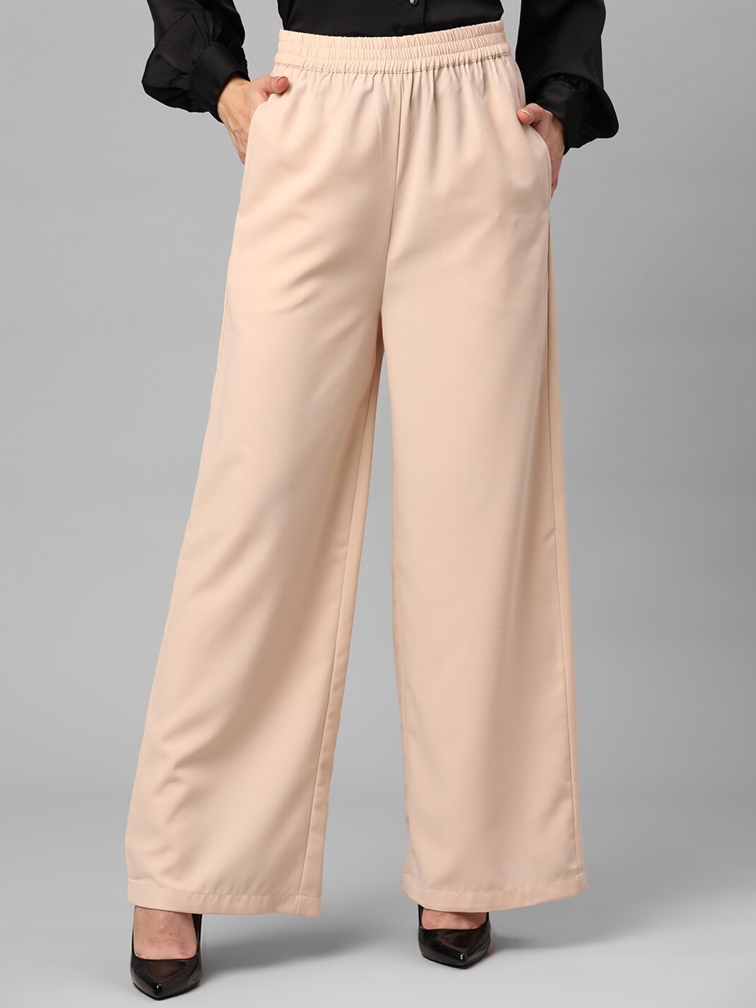 JUNE & HARRY Women Beige Relaxed Straight Leg Straight Fit High-Rise Trousers Price in India