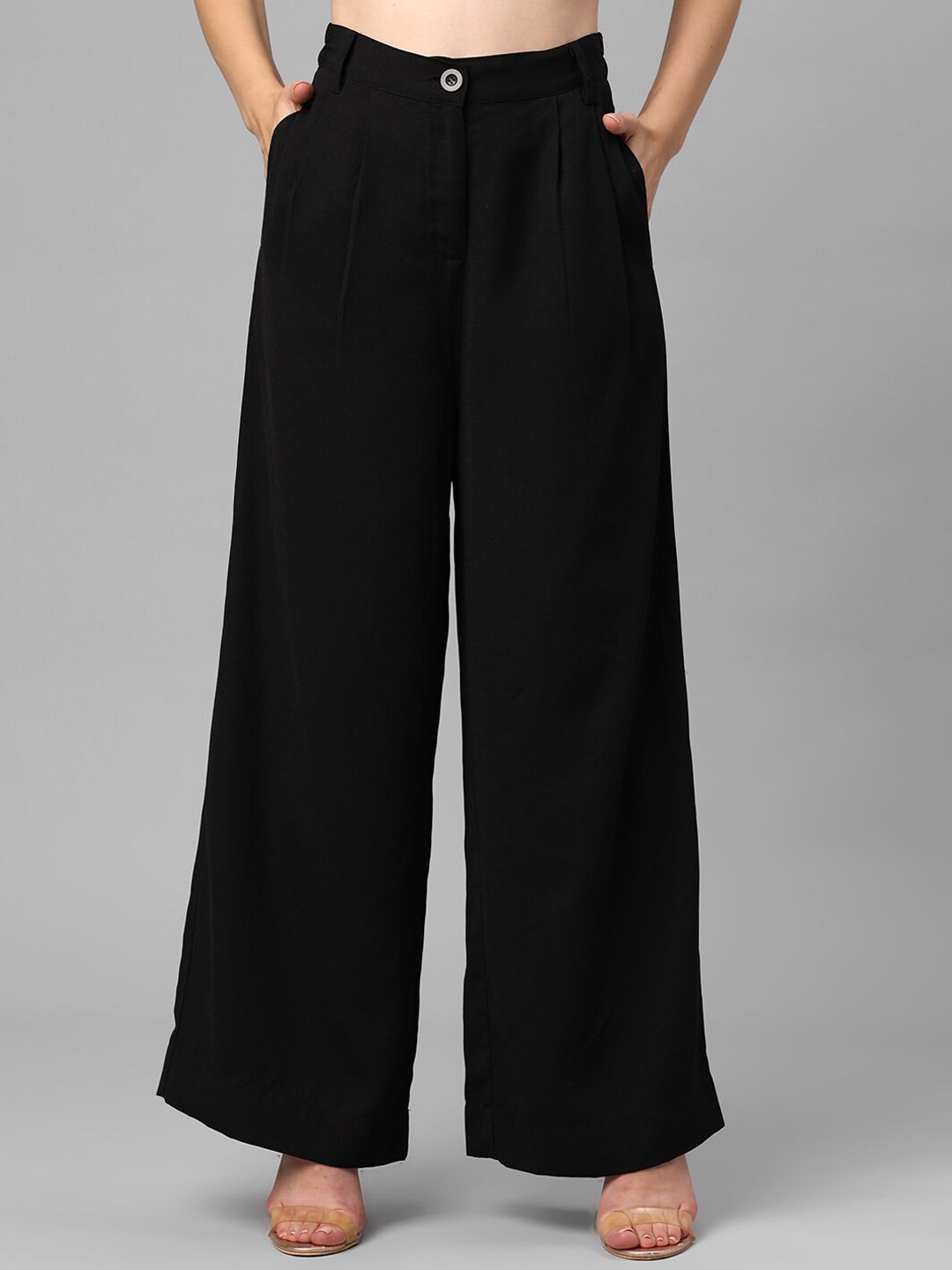 JUNE & HARRY Women Black Relaxed Straight Leg Straight Fit High-Rise Trousers Price in India