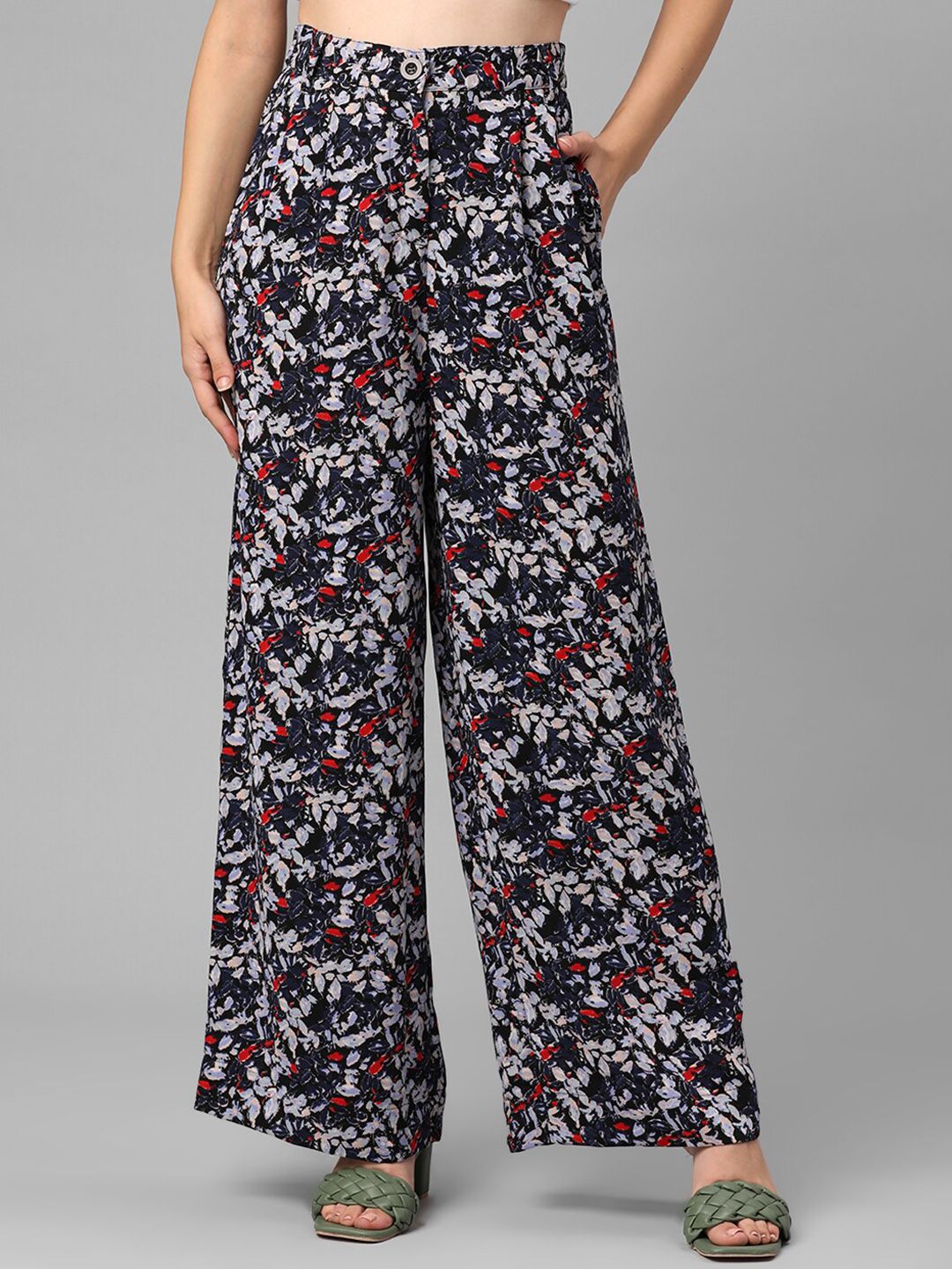 JUNE & HARRY Women Blue Floral Printed Straight Fit High-Rise Pleated Trousers Price in India