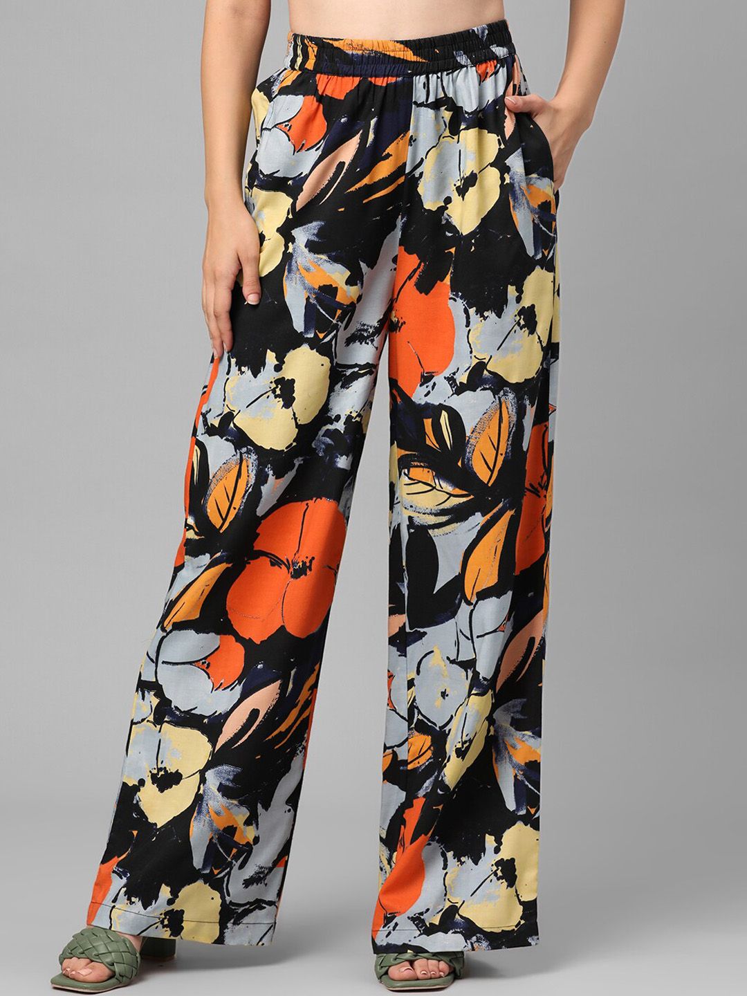 JUNE & HARRY Women Black Floral Printed High-Rise Trousers Price in India