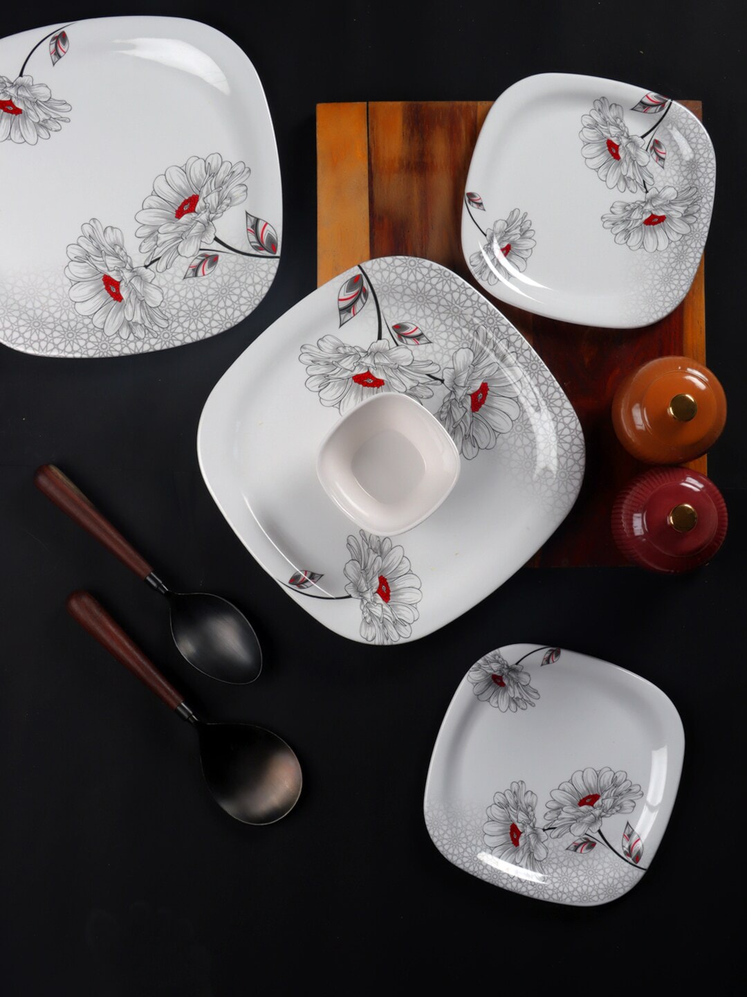 CDI White & Grey Pieces Floral Printed Melamine Glossy Dinner Set Price in India