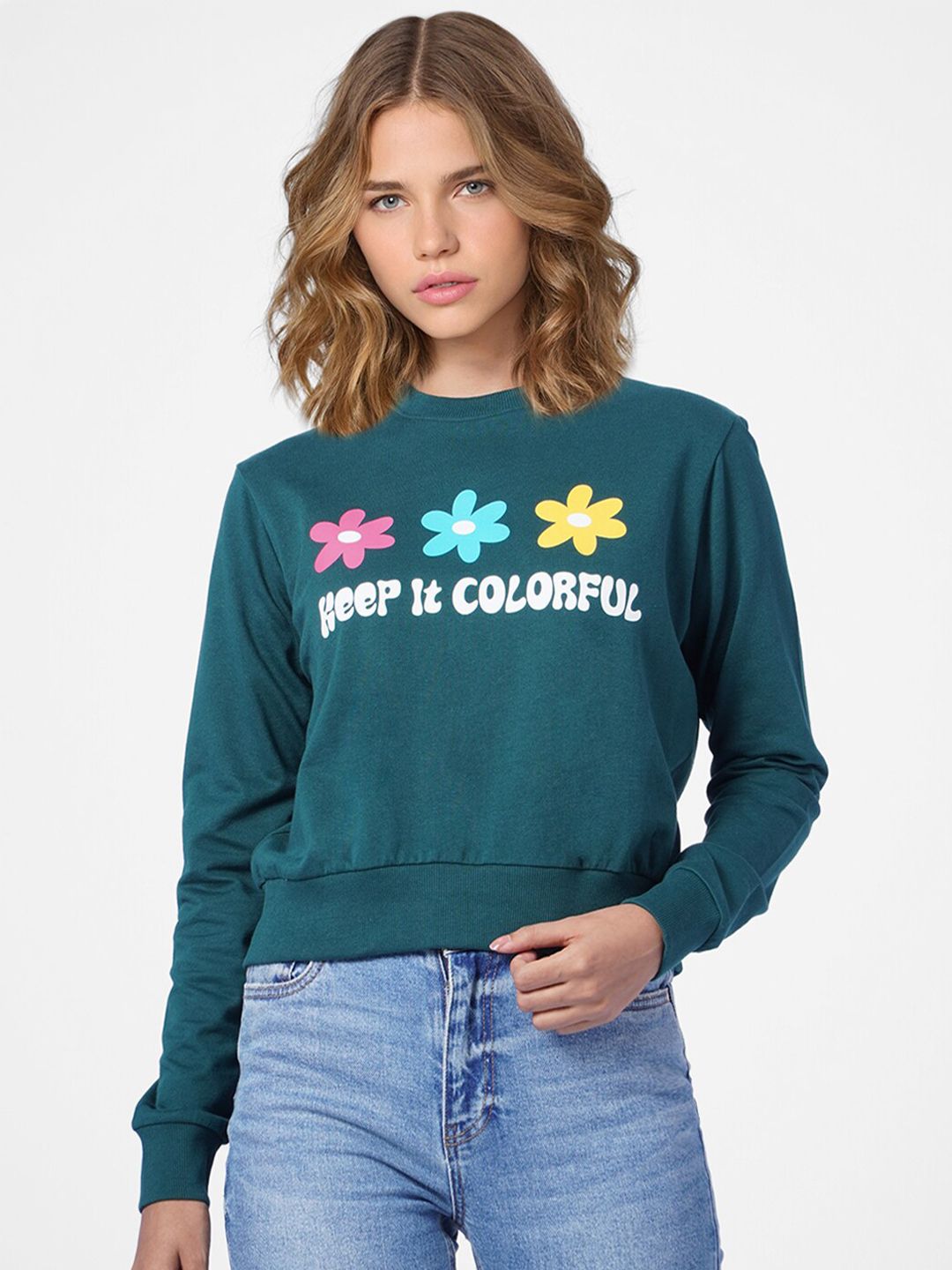 ONLY Women Teal Typography Printed Sweatshirt Price in India
