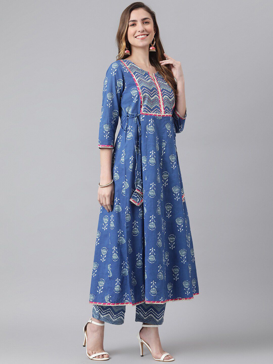 Khushal K Women Blue Ethnic Motifs Yoke Design Pure Cotton Kurta with Trousers & With Dupatta Price in India