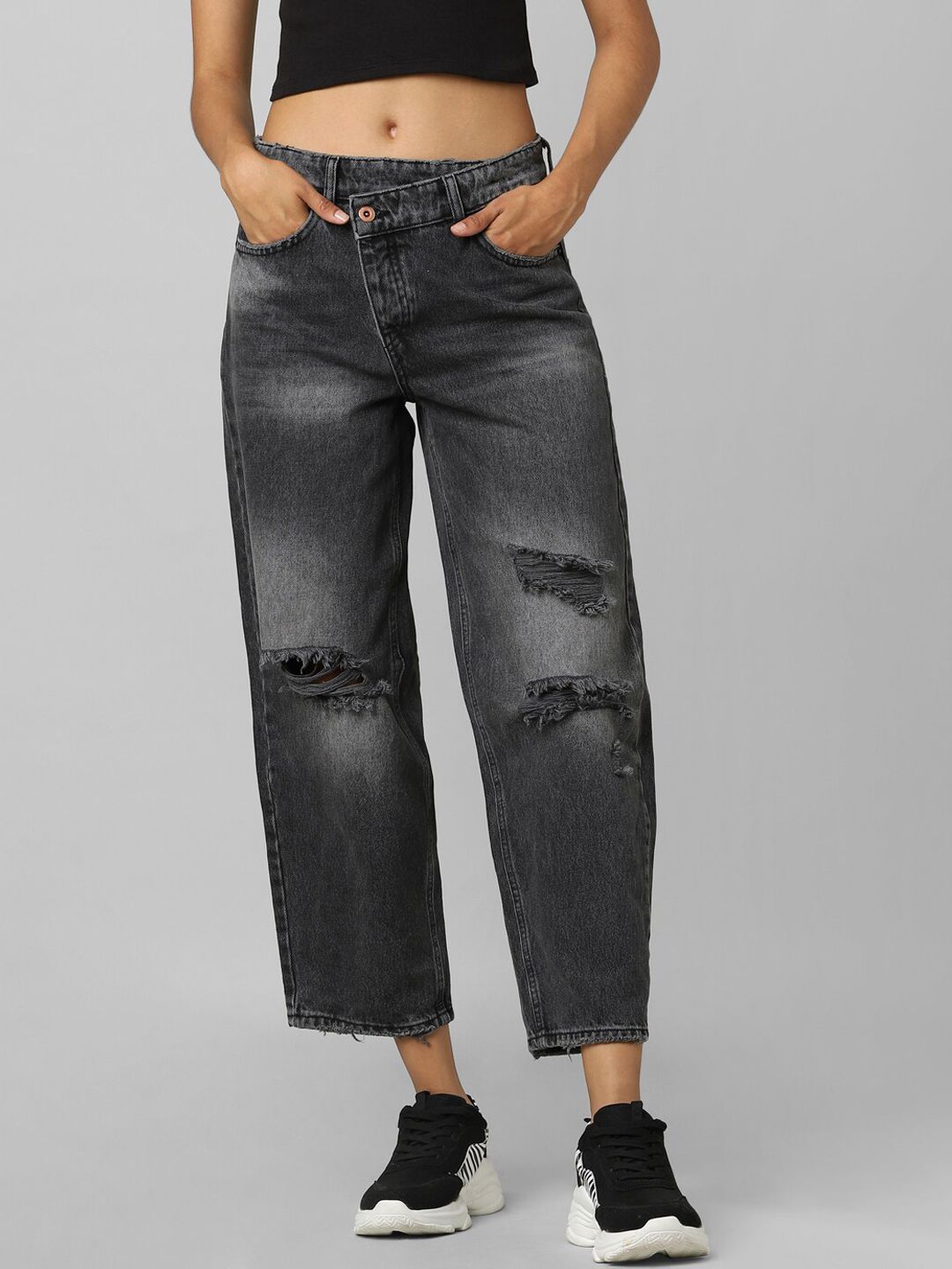 ONLY Women Black High-Rise Mildly Distressed Light Fade Jeans Price in India