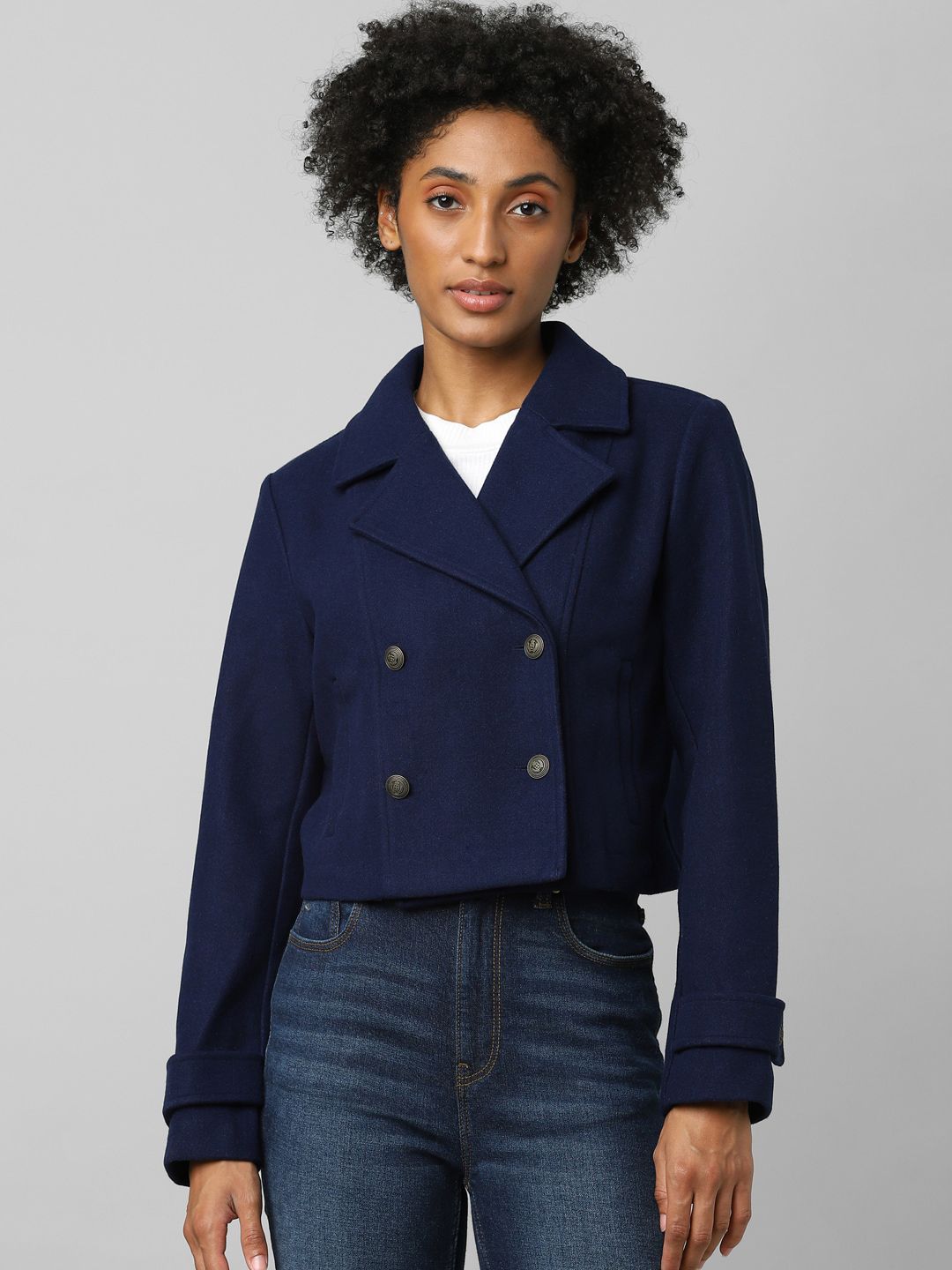 ONLY Women Blue Solid Double-Breasted Cropped Blazer Price in India