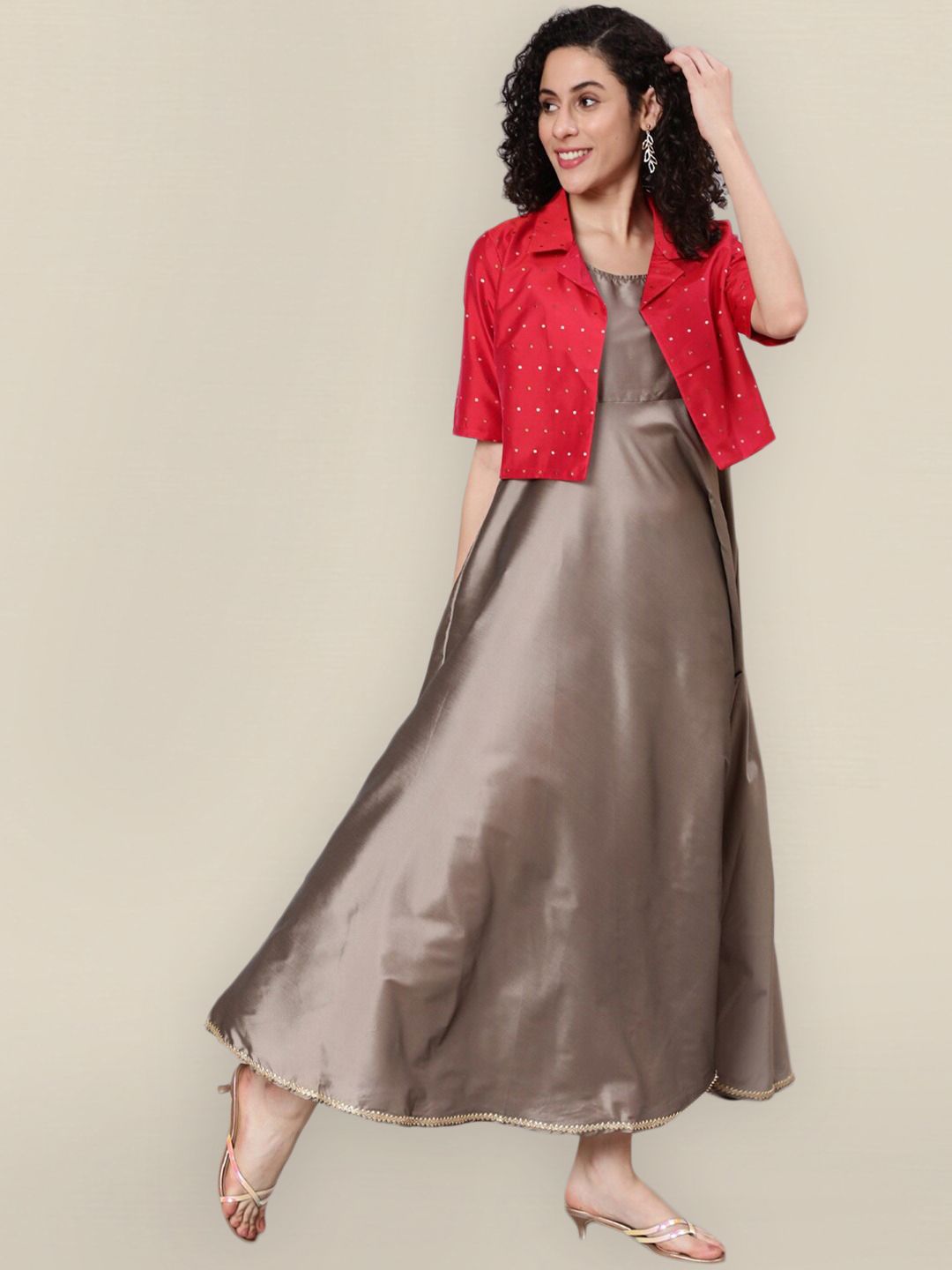 Sangria Women Grey & Red Ethnic Maxi Dress With Jacket Price in India