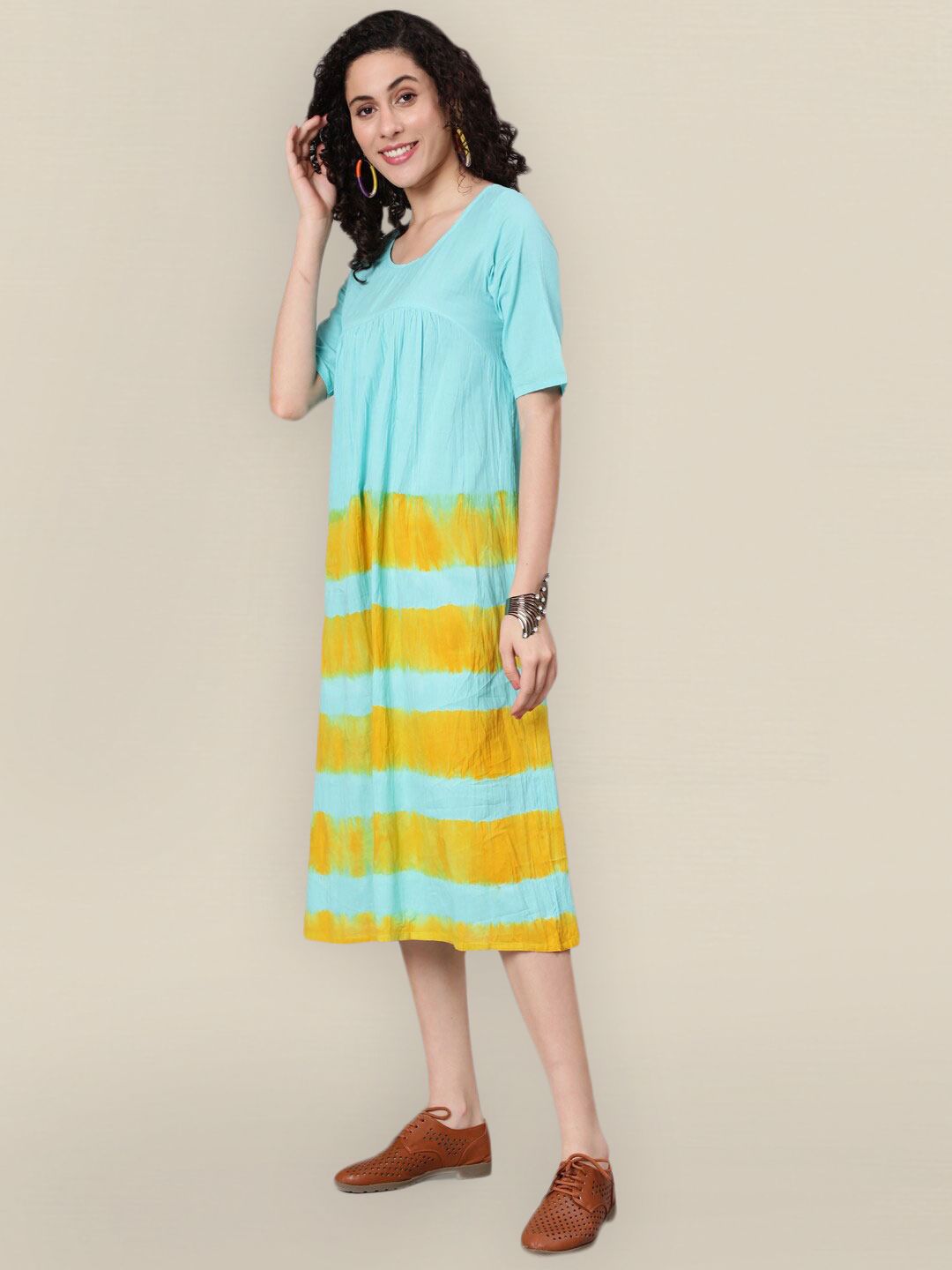 Sangria Womens Blue & Yellow Colourblocked A-Line Dress Price in India