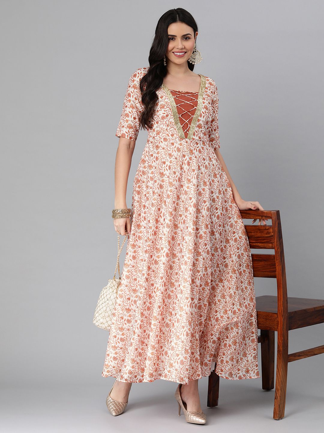 EthnoVogue White & Brown Made to Measure Floral Ethnic A-Line Maxi Ethnic Dress Price in India