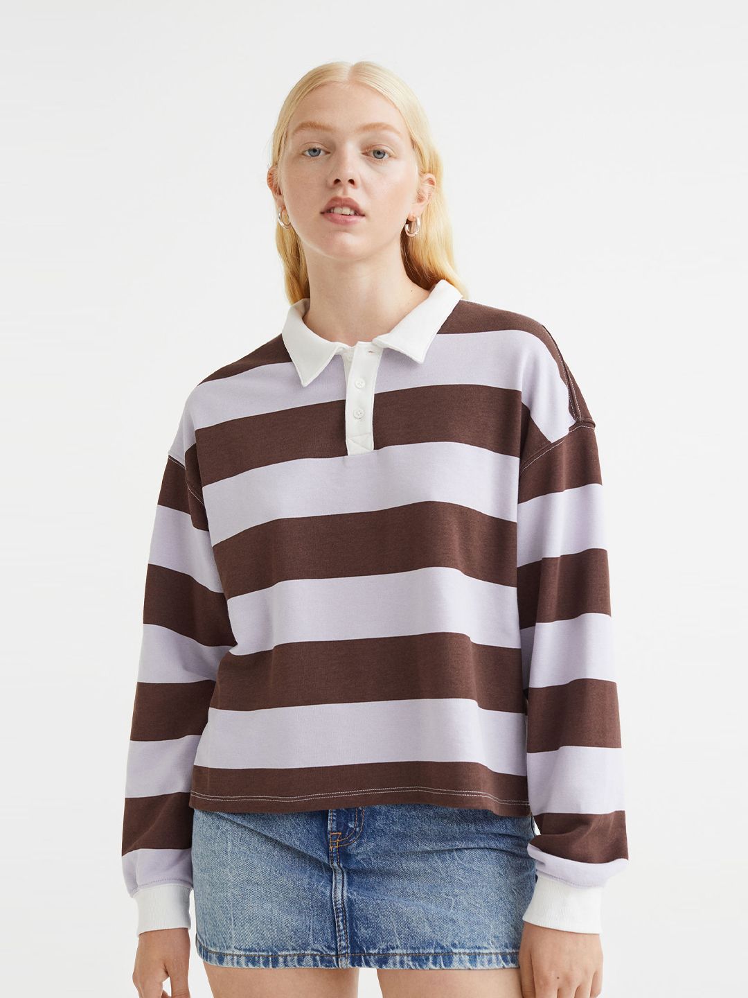 H&M Women Brown & Purple Long-Sleeved Polo Shirt Price in India