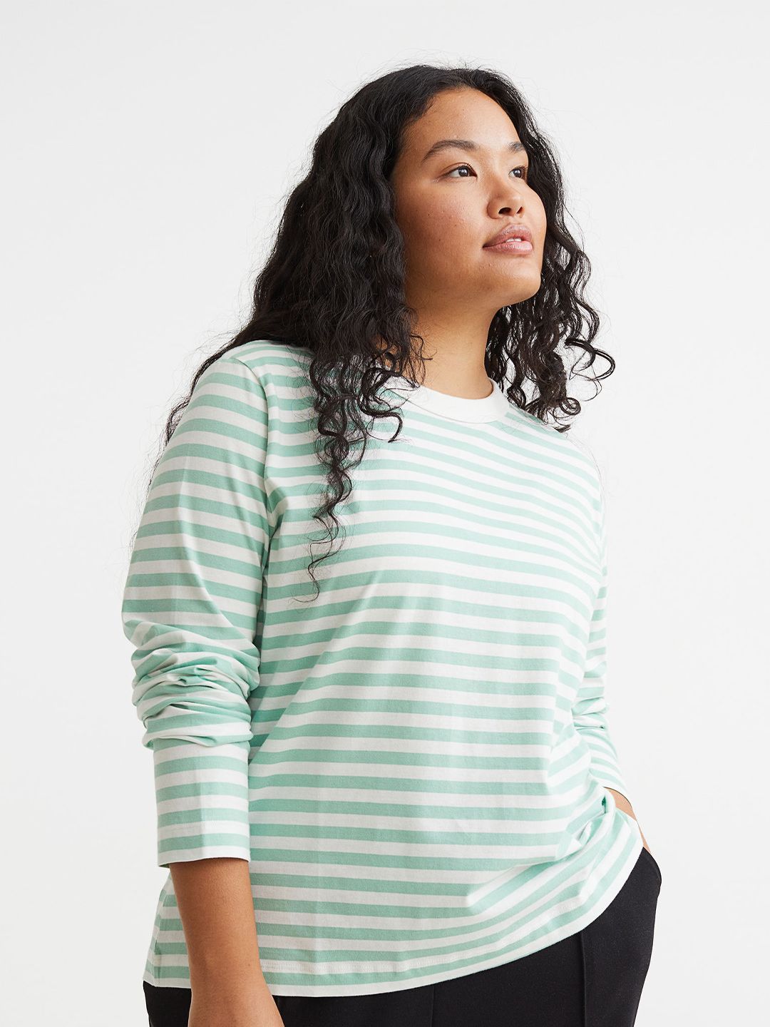 H&M+ Women White Striped Cotton Jersey Top Price in India
