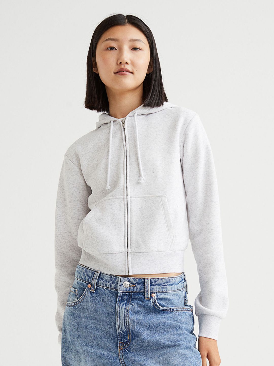 H&M Women Grey Cropped Zip-Through Hoodie Price in India