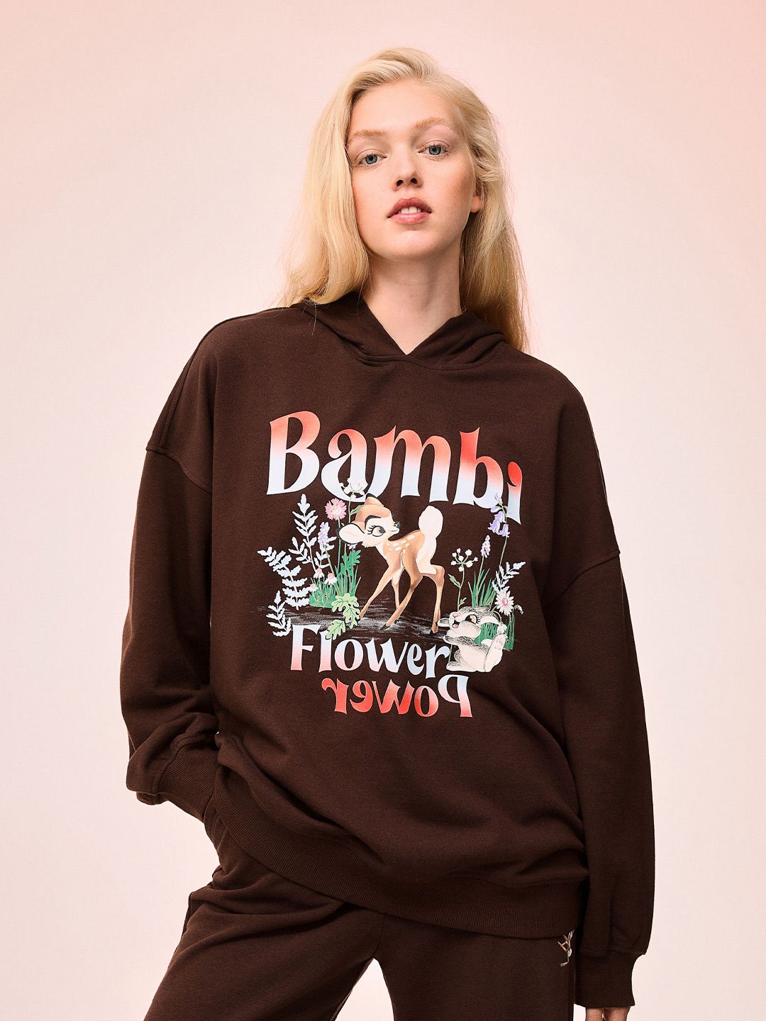 H&M Women Brown Bambi Printed Oversized Hoodie Price in India