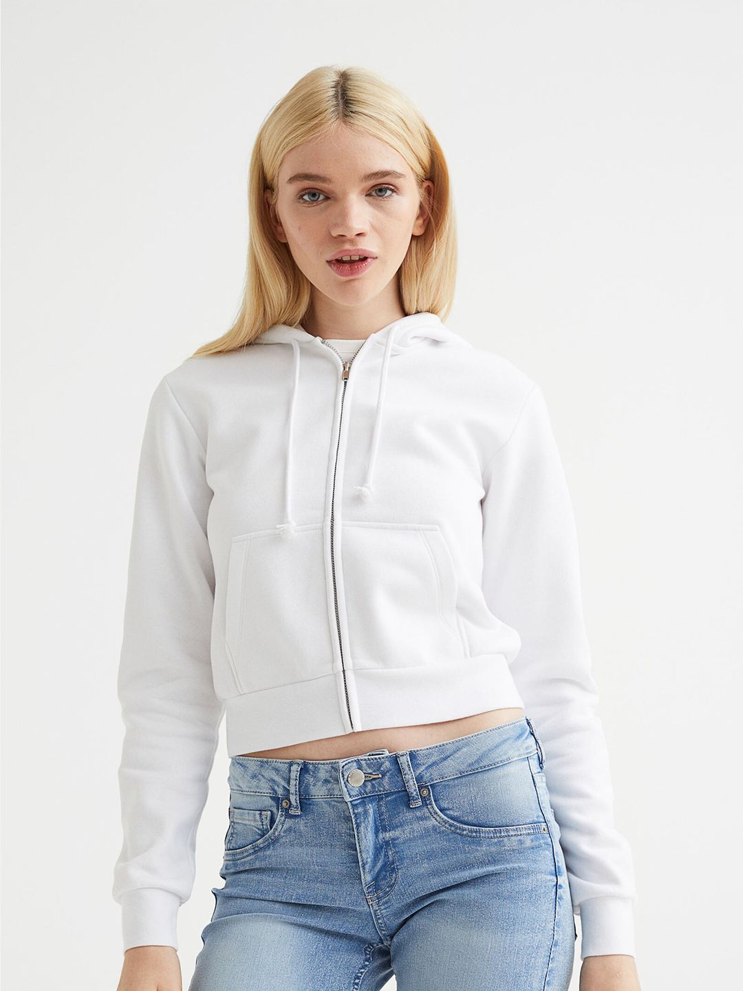 H&M Women White Cropped Zip-Through Hoodie Price in India