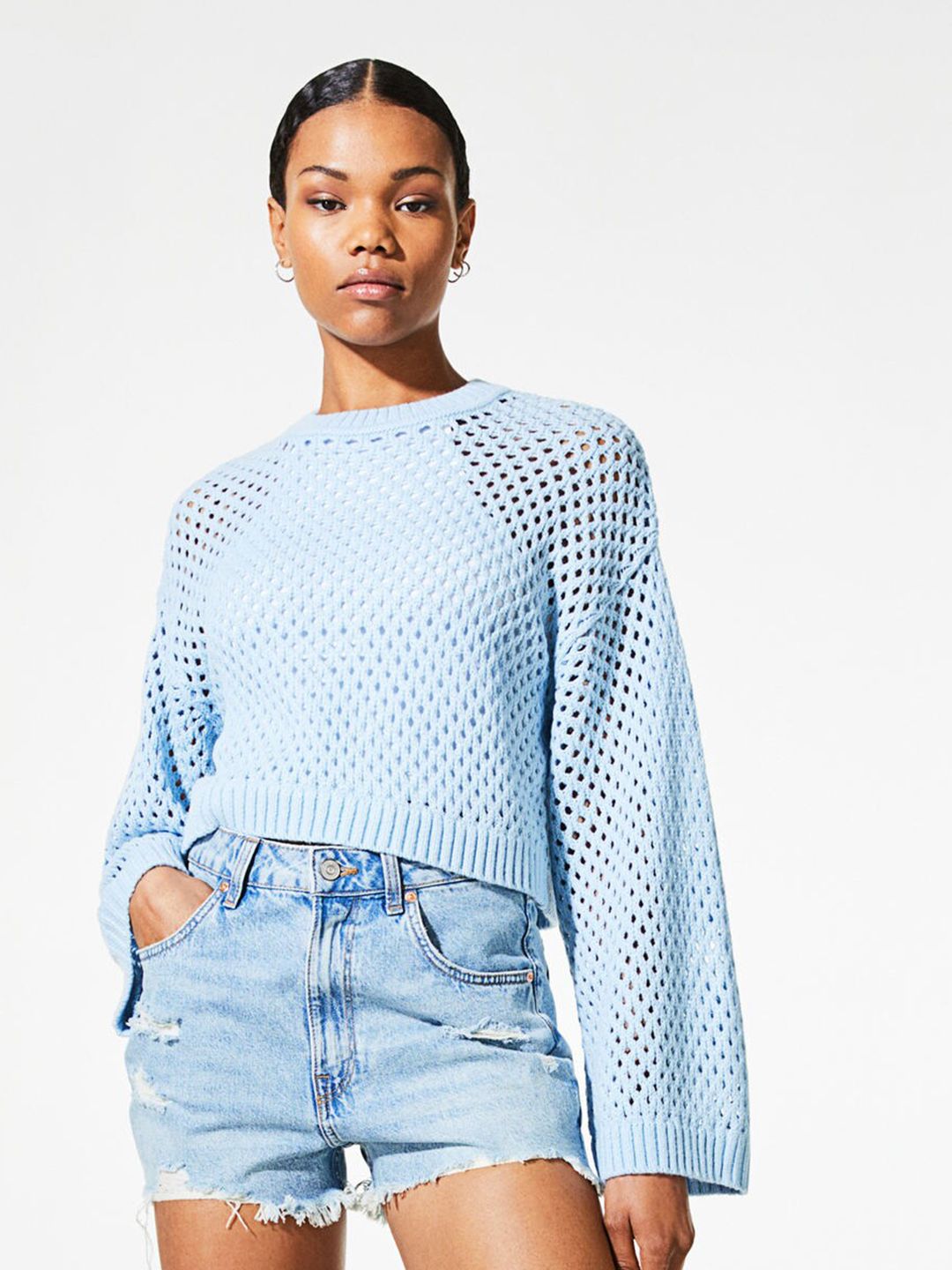 H&M Women Blue Hole-Knit Jumper Price in India