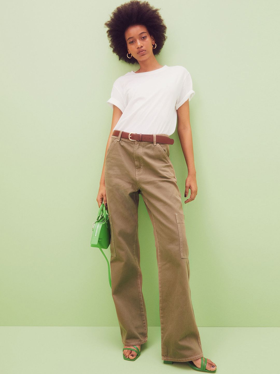 H&M Women Olive Green Cotton Wide Cargo Trousers Price in India