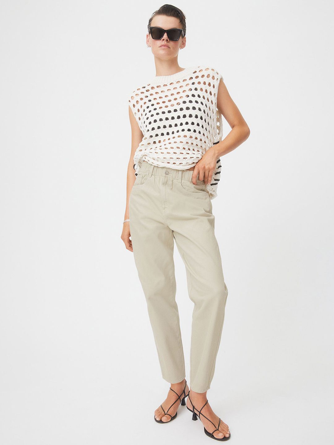 H&M Women Beige Solid High Waist Twill Trousers Price in India