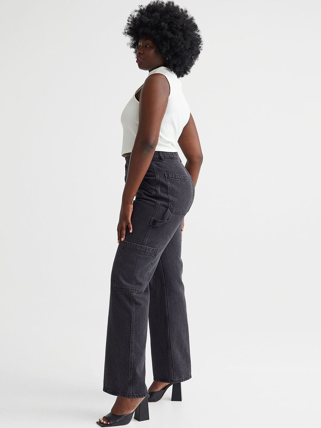 H&M Women Grey Solid Cotton Wide Cargo Trousers Price in India