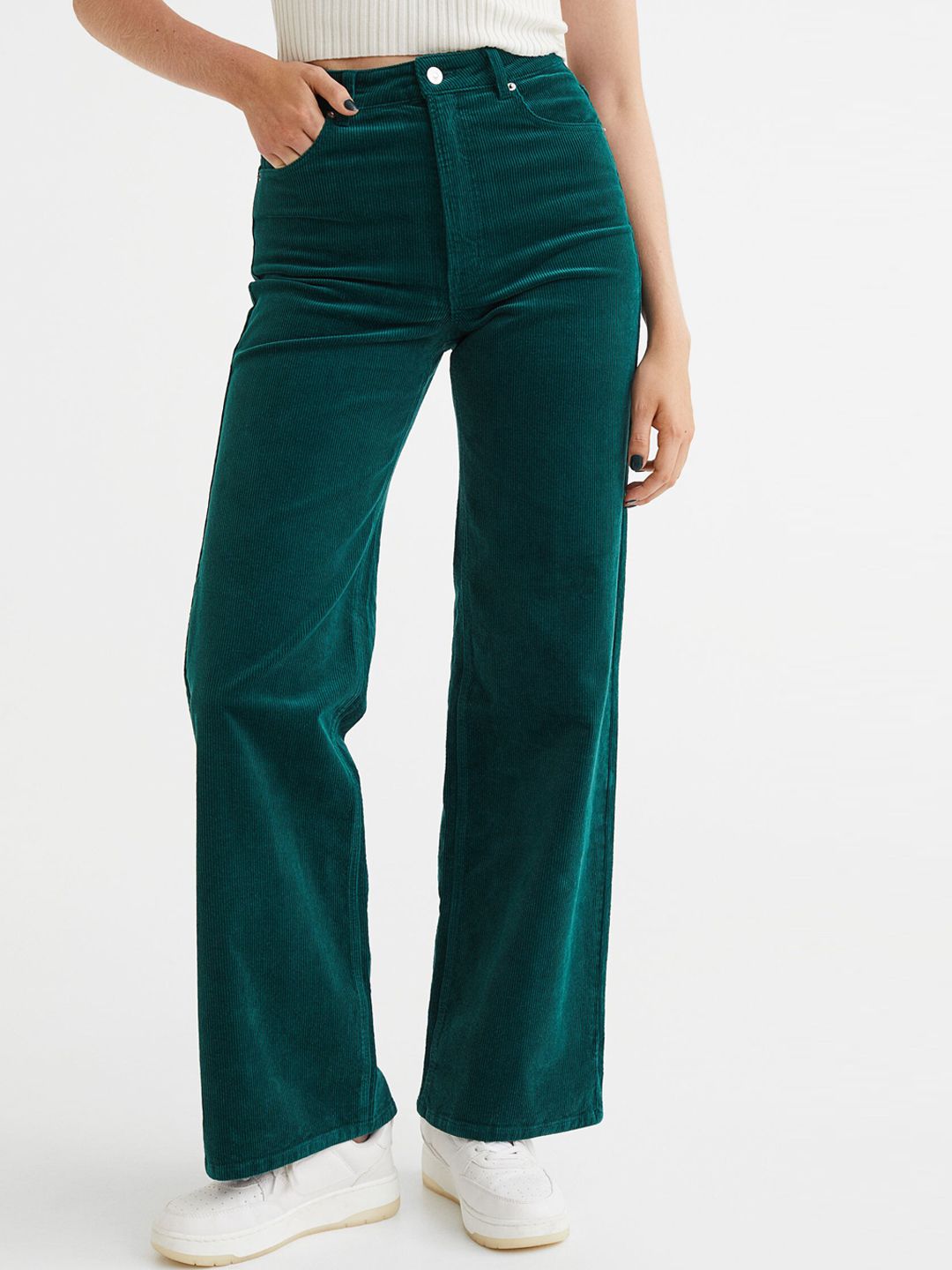 H&M Women Green Corduroy Trousers Price in India