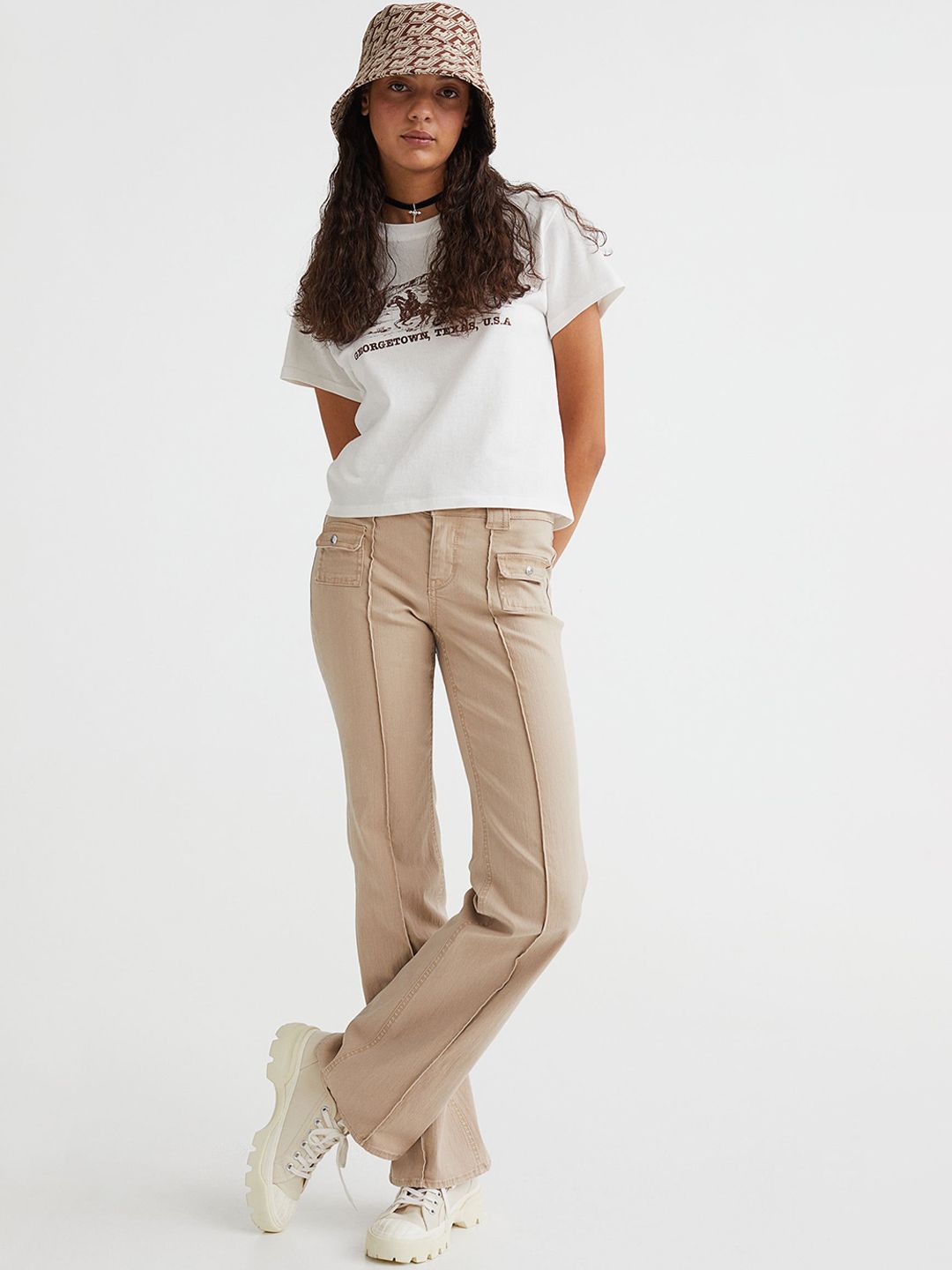 H&M Women Beige Twill Cargo Trousers Price in India