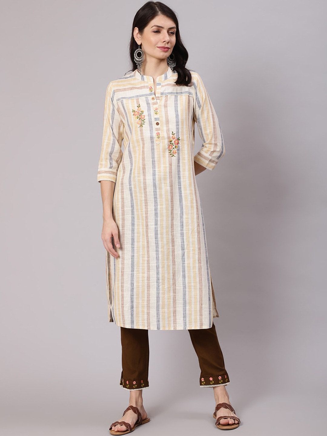 Sangria Women Brown & Beige Embroidered Kurta With Trousers Price in India