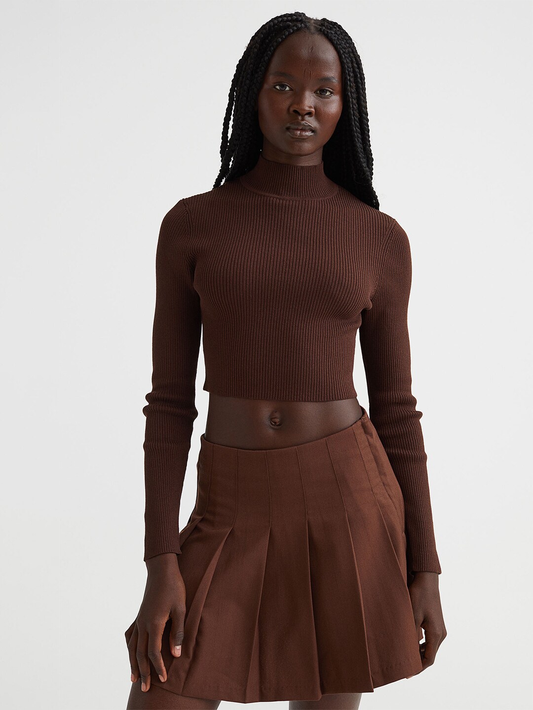 H&M Brown Ribbed Turtleneck Top Price in India