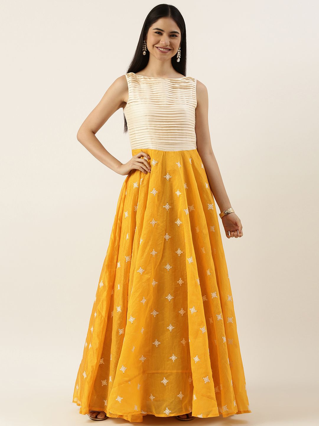 EthnoVogue Mustard Yellow & Off White Embroidered Made To Measure Maxi Ethnic Padded Dress Price in India