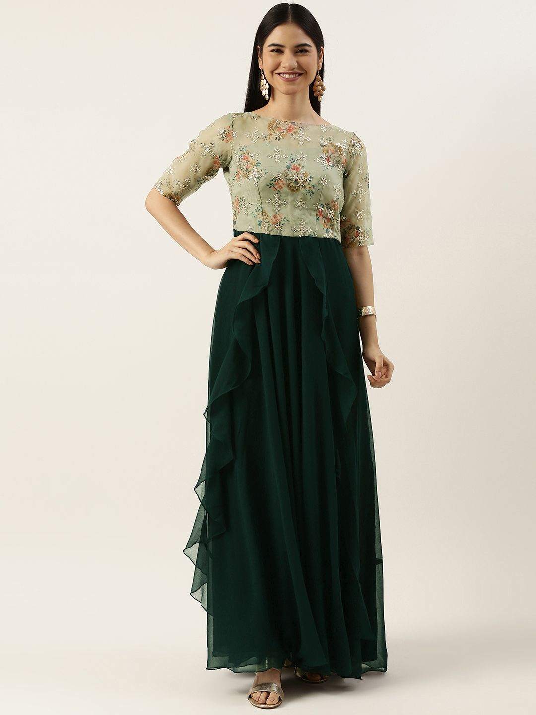 EthnoVogue Green Colourblocked Maxi Ethnic Padded Dress Price in India