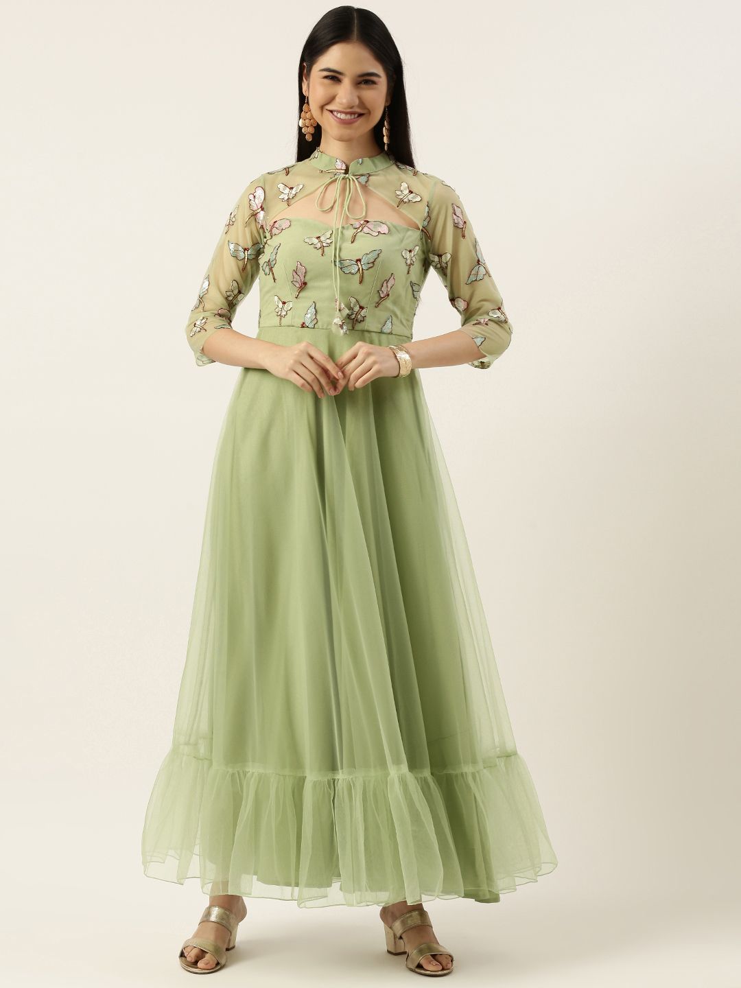EthnoVogue Green Embellished Maxi Ethnic Padded Dress Price in India