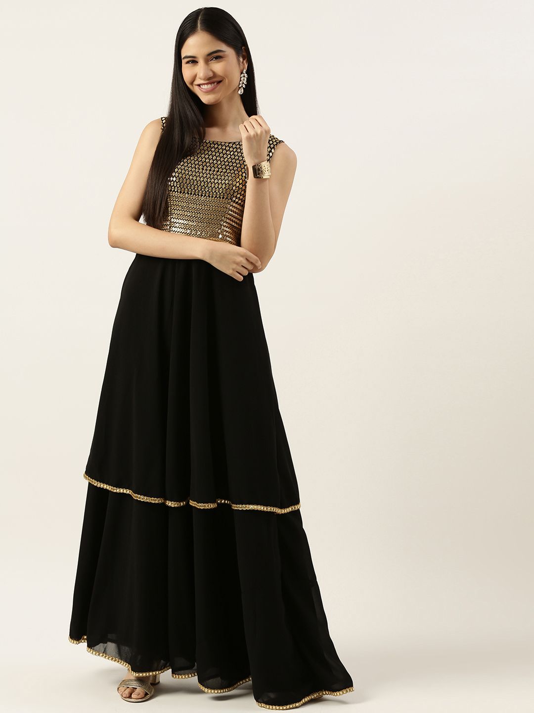 EthnoVogue Black & Golden Embroidered Made To Measure Maxi Ethnic Padded Dress Price in India