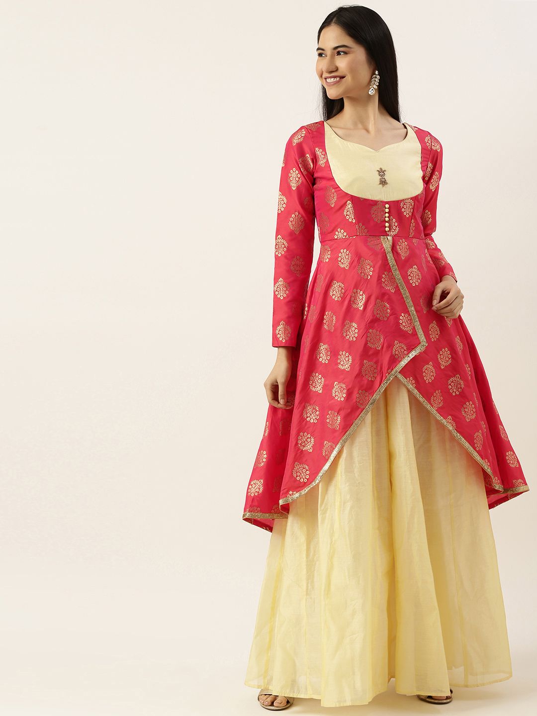 EthnoVogue Cream-Coloured & Coral Red Ethnic Design Layered Padded Maxi Ethnic Price in India