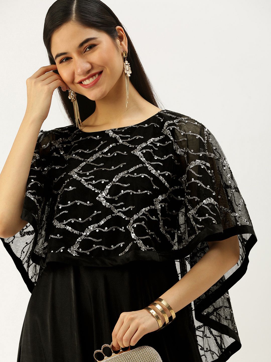 EthnoVogue Black Embellished Satin Ethnic Made To Measure Ethnic Dress with Cape Price in India