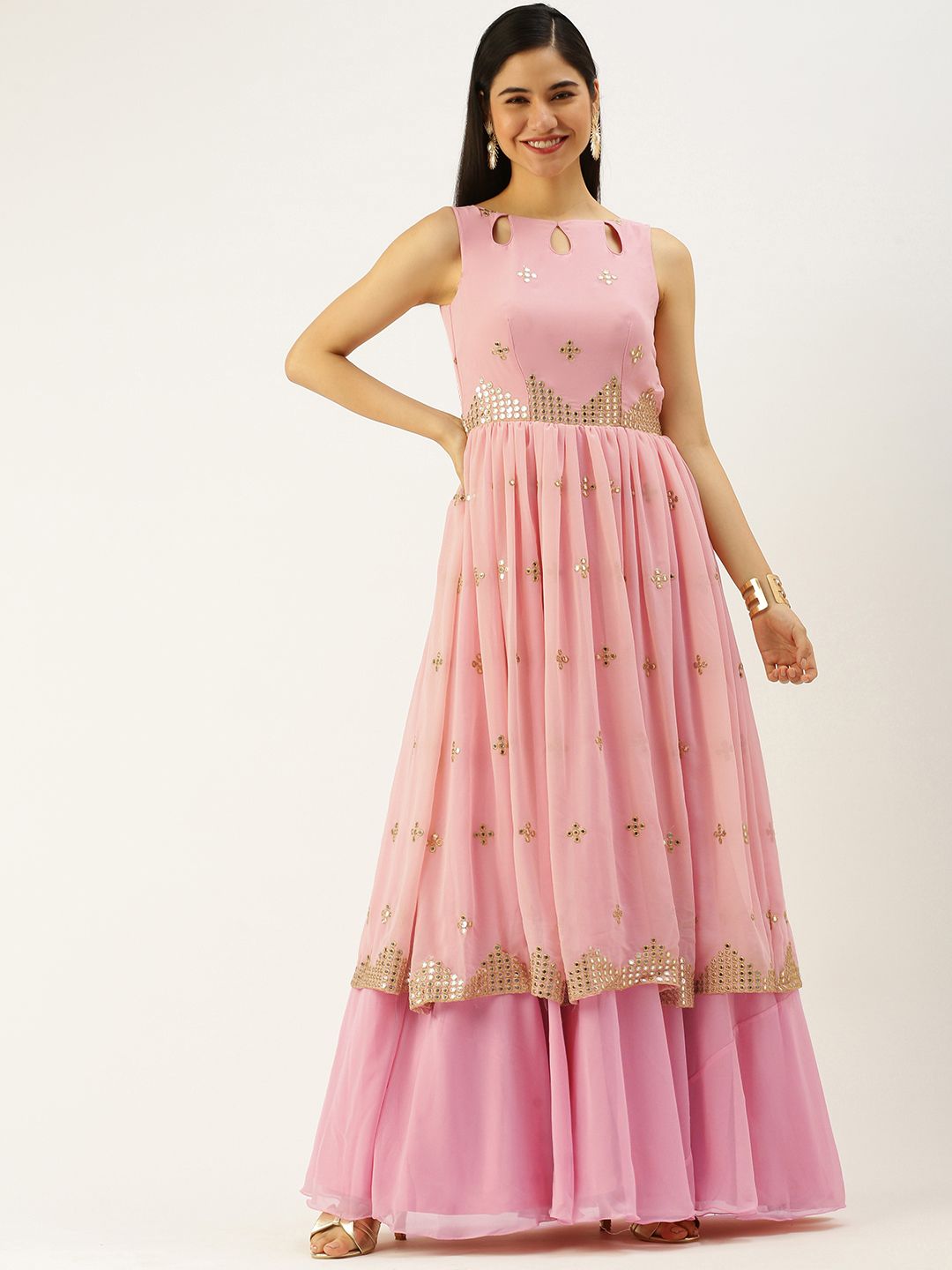 EthnoVogue Peach-Coloured Padded Layered Embroidered Ethnic Made To Measure Maxi Dress Price in India