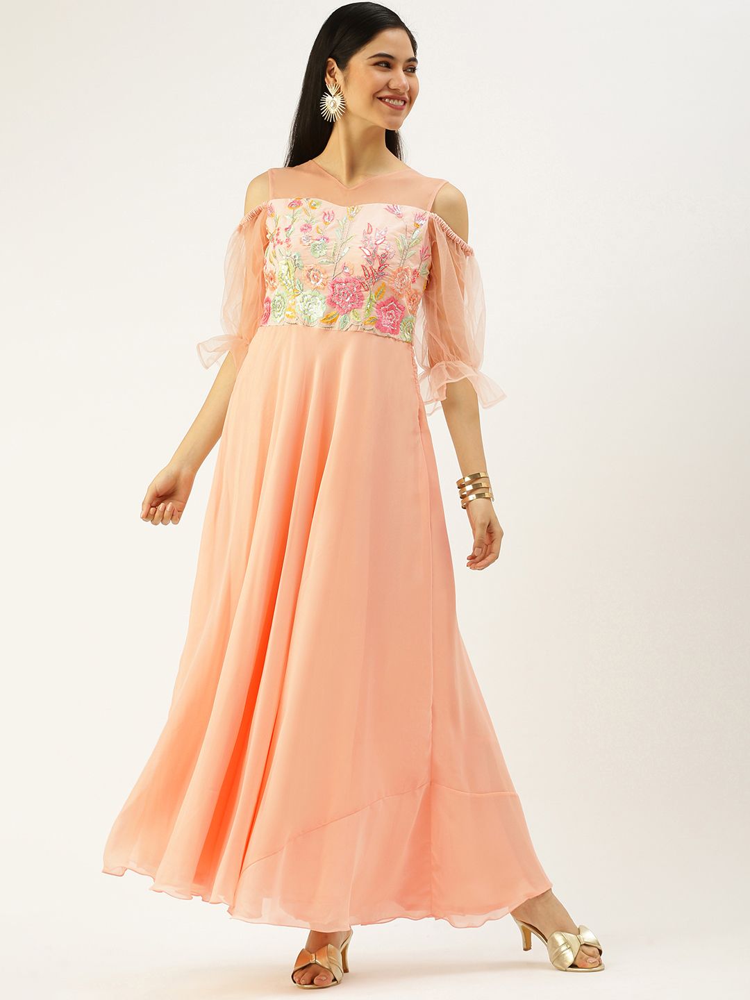 EthnoVogue Peach-Coloured Ethnic Motifs Embroidered Georgette Ethnic Maxi Dress Price in India