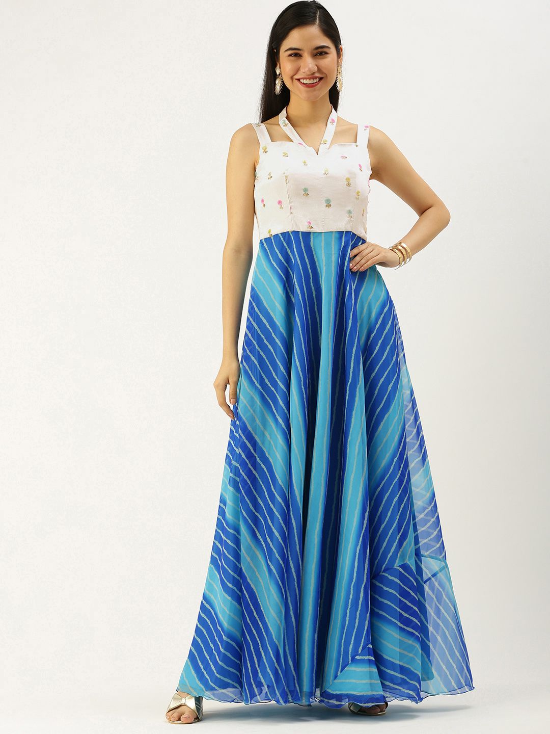EthnoVogue Blue & White Colourblocked Embroidered Ethnic Made To Measure Maxi Dress Price in India