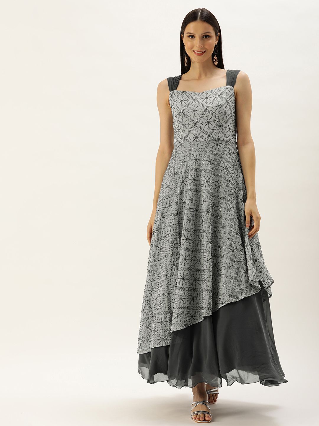 EthnoVogue Women Grey Georgette Embroidered Strap Gown Price in India