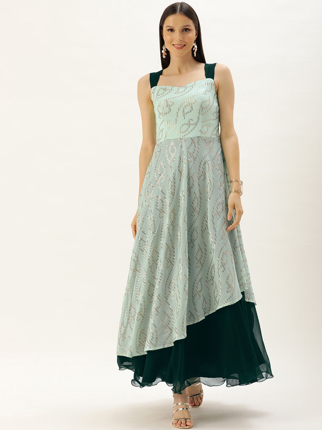 EthnoVogue Women Mint Green Embroidered Sequins Strap Georgette Gown Price in India