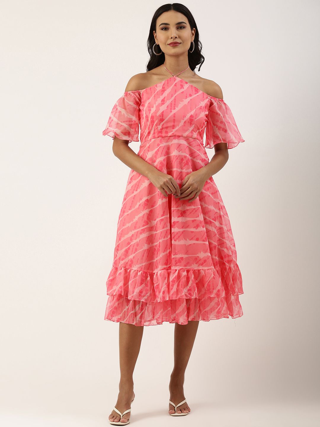 EthnoVogue Pink & White Striped Halter Neck A-Line Midi Dress Price in India