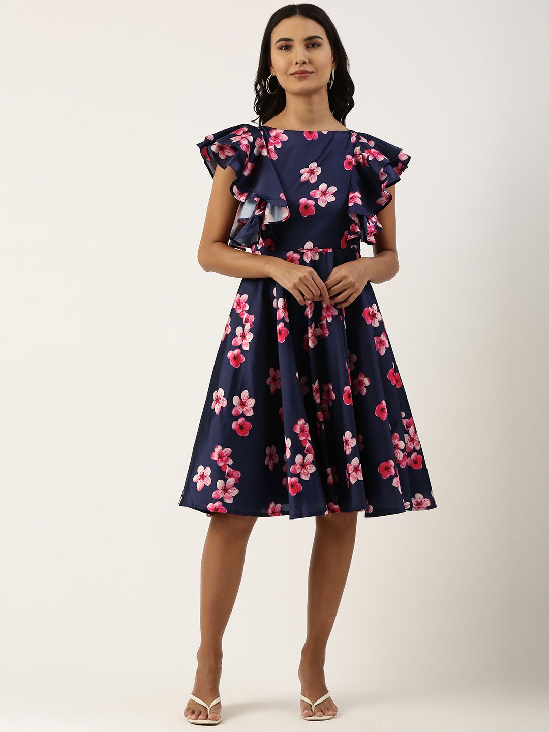 EthnoVogue Navy Blue & Pink Floral A-Line Dress Price in India