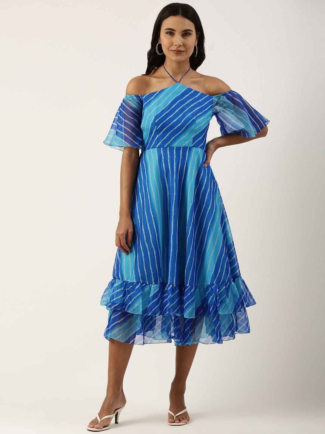 EthnoVogue Blue Striped Halter Neck A-Line Midi Dress Price in India
