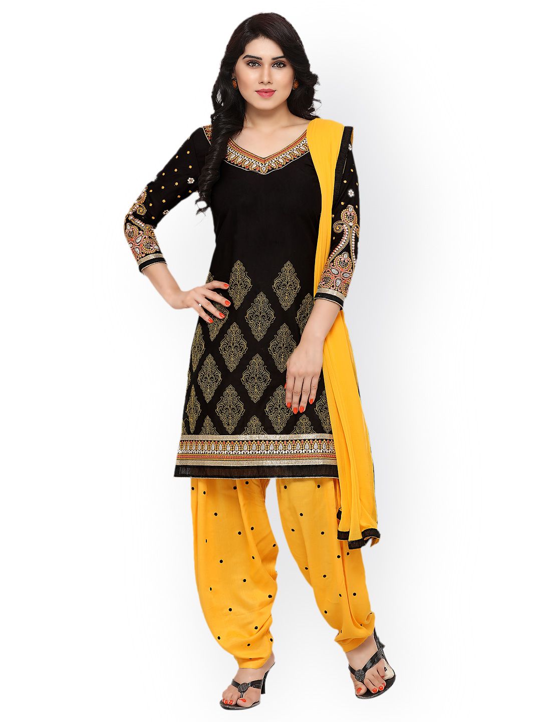 Kvsfab Black & Yellow Pure Cotton Embroidered Unstitched Dress Material Price in India