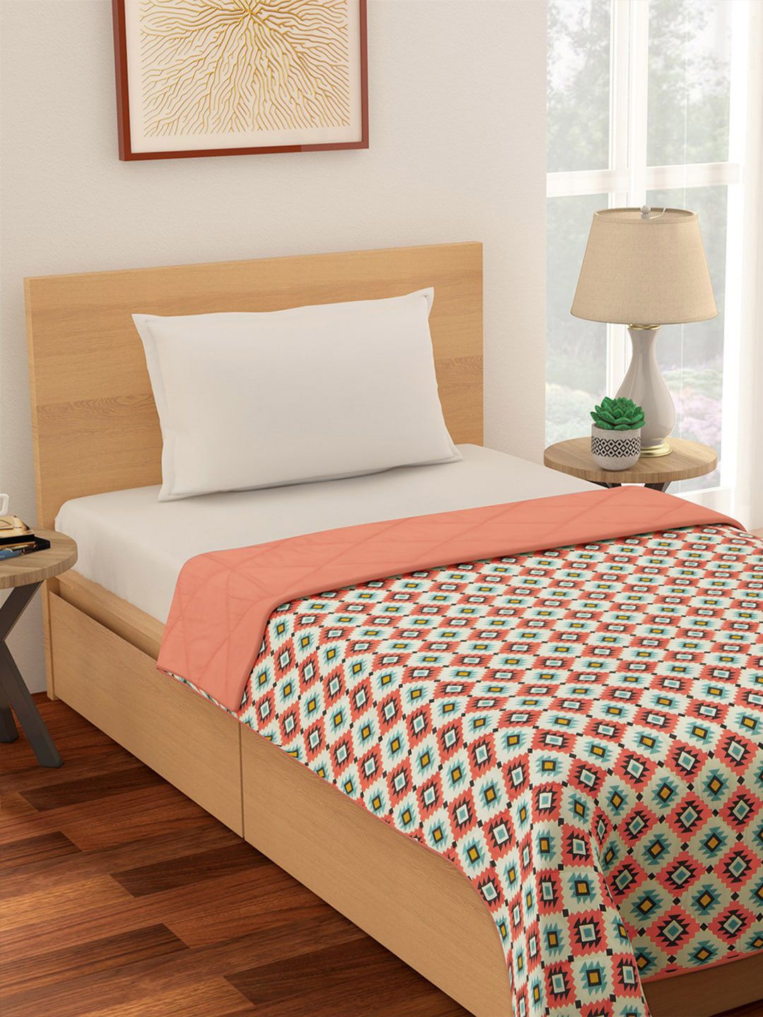 Living scapes by Pantaloons Peach-Coloured & White Geometric Summer Single Bed Quilt Price in India