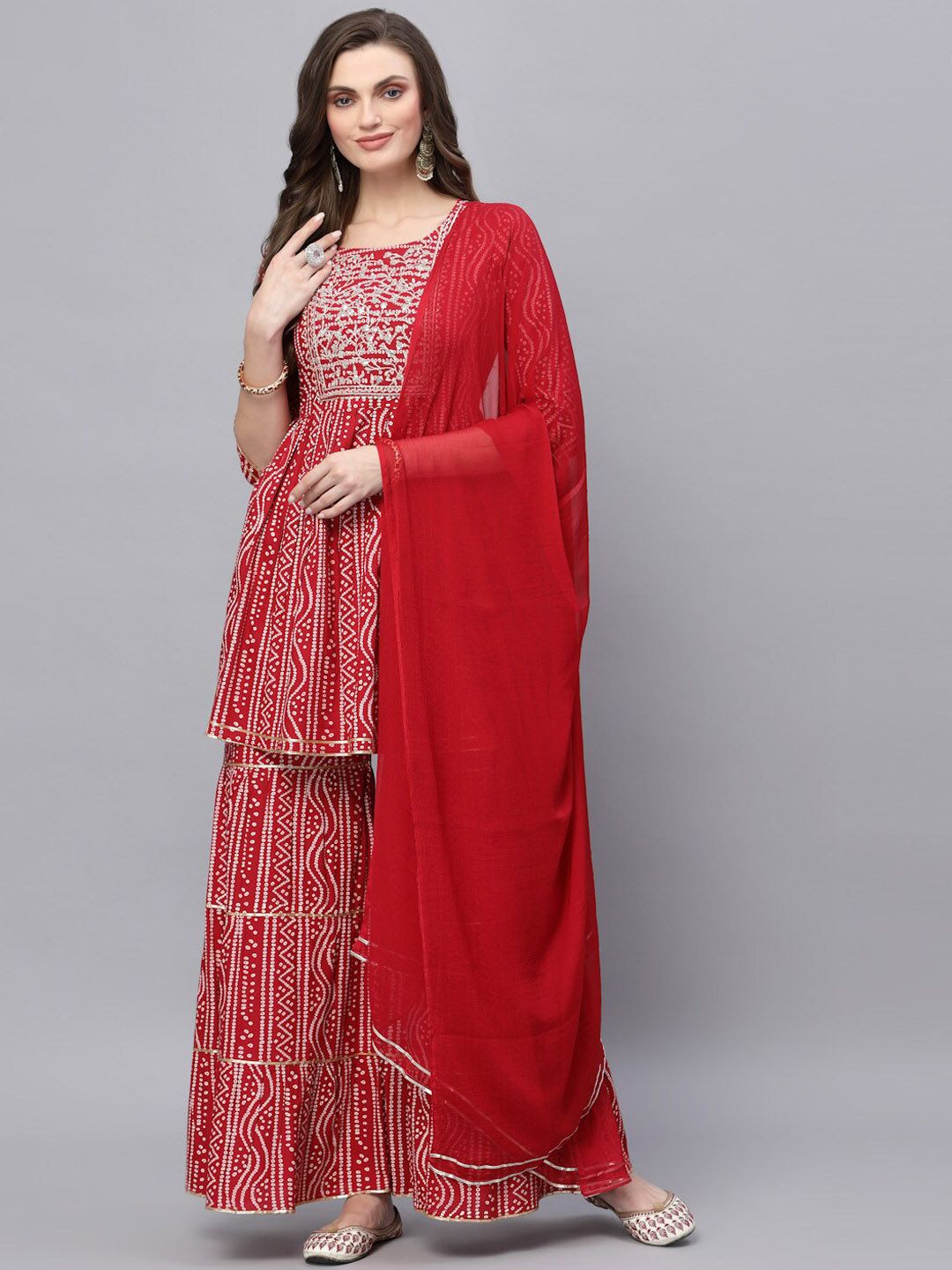 Stylum Women Red Floral Embroidered Pleated Kurti with Palazzos & With Dupatta Price in India