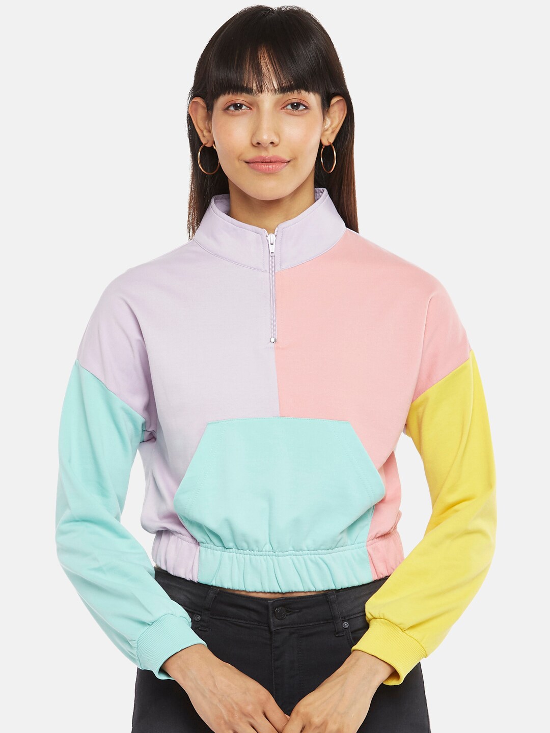 People Women Multicoloured Colourblocked Sweatshirt Price in India